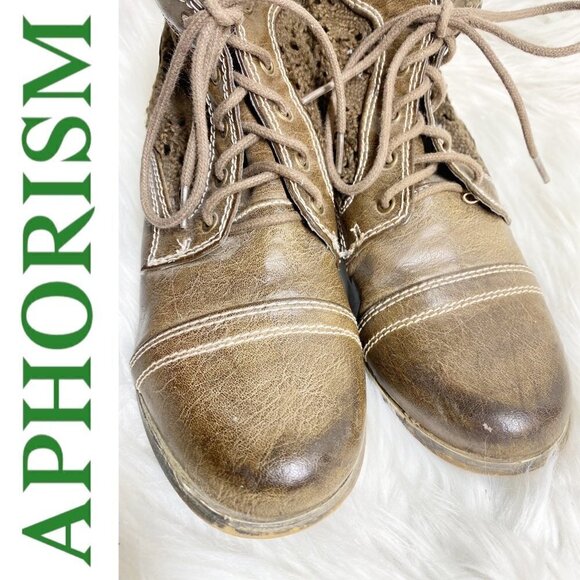 APHORISM Caramel Brown Faux Leather Lace Inset Boho Bootie, Size 6.5 - Picture 7 of 11